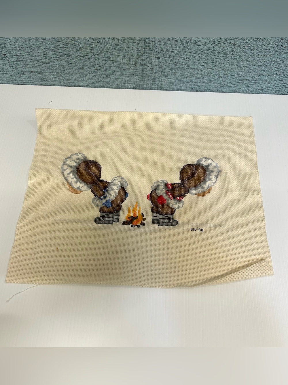 Vintage Completed Cross Stitch Inuit Children Warming by Fire 1998 Picture